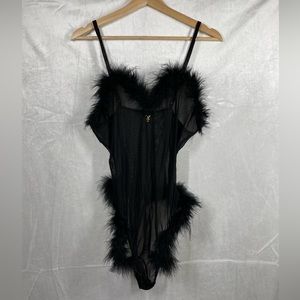 PLAYBOY Black Sheer Teddy with Fur Trim